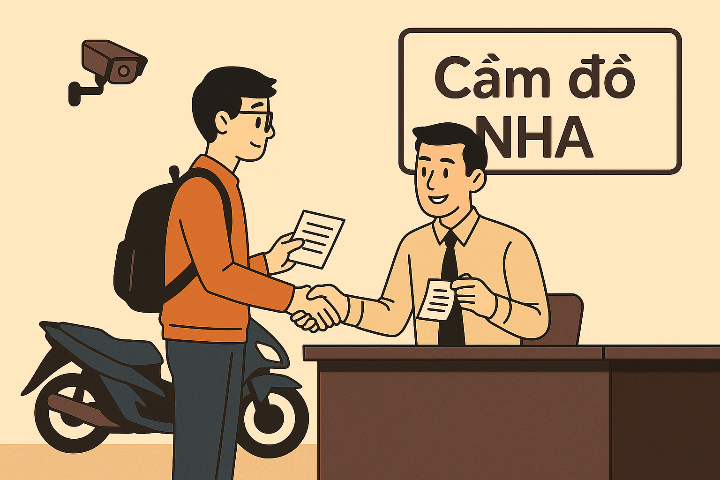 Khách hàng sinh viên đang trao đổi với nhân viên tại quầy giao dịch cầm đồ, không gian hiện đại, chuyên nghiệp và thân thiện.
